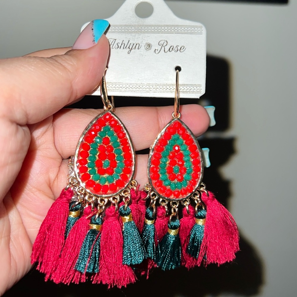 Red & Green Beaded Fringe Earrings